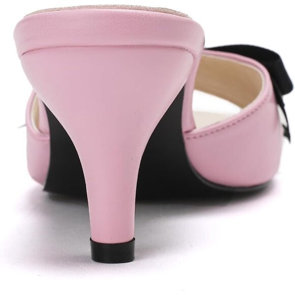⚡Women's Pink Kitten Low Heels Mules Sandals Cute Bowknot Open Toe Slip On - Picture 9 of 9